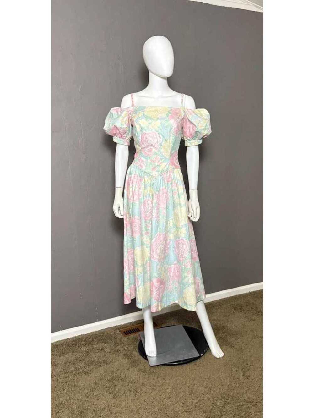 1980's LANZ Floral Midi Dress Back Buttons + Bow Off shoulder Puff Sleeve